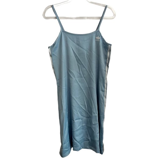 NEW ADIDAS BLUE TANK DRESS MEDIUM H37804 SATIN MINI SPAGHETTI STRAP WHITE NWT - Picture 2 of 7